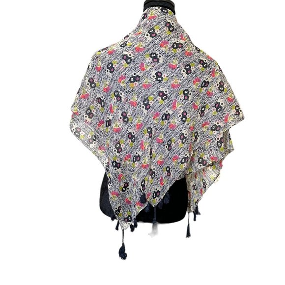 Unbranded Scarf Womens Square Black White Pink Floral Flower Tassel Semi Sheer - Picture 9 of 10